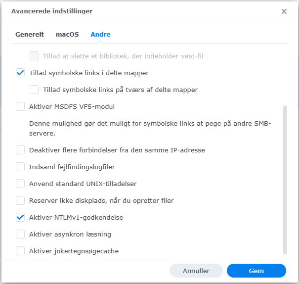 Synology avancerede SMB-indstillinger med NTLMv1-godkendelse aktiveret